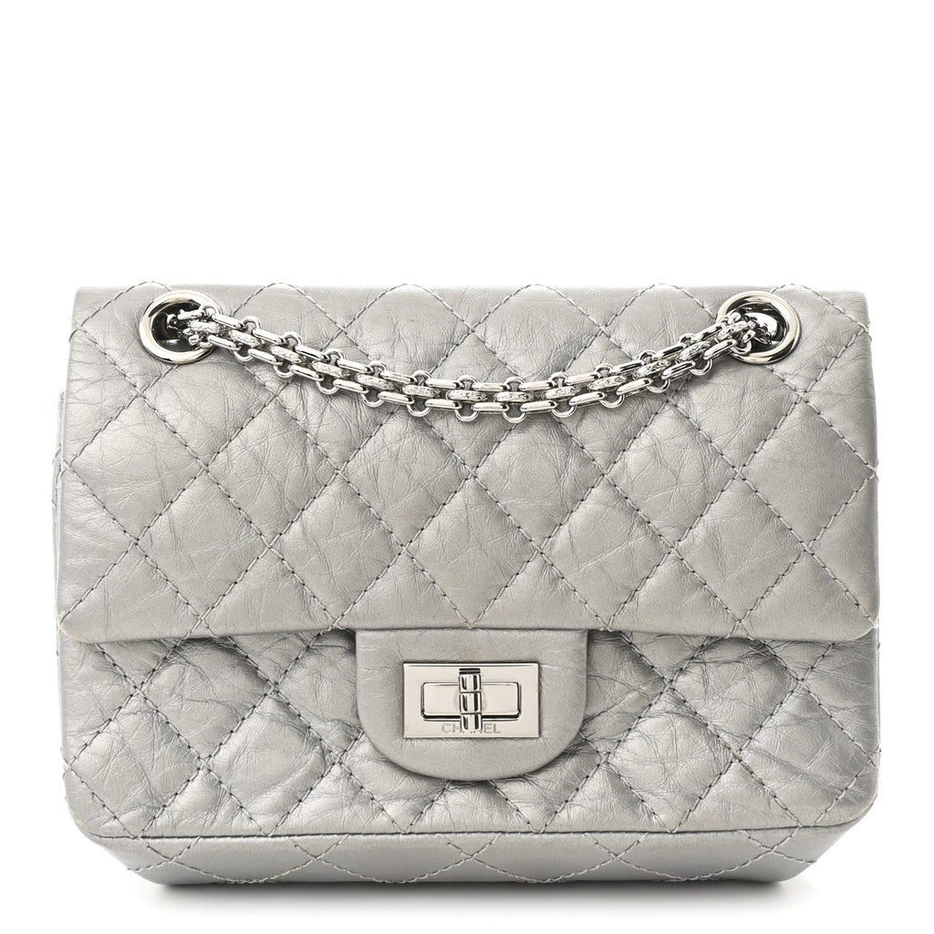 Metallic Aged Calfskin Quilted 2.55 Reissue Mini Flap Silver