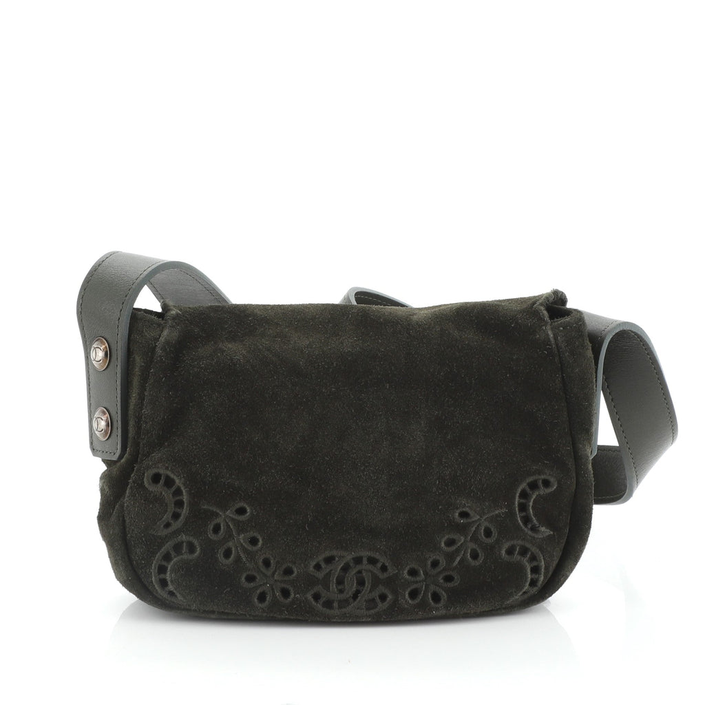 Floral Eyelet Messenger Bag Embroidered Suede Mini
