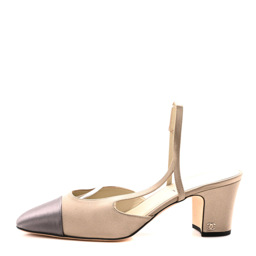 Satin Cap Toe CC Slingback Pumps 41 Beige Grey