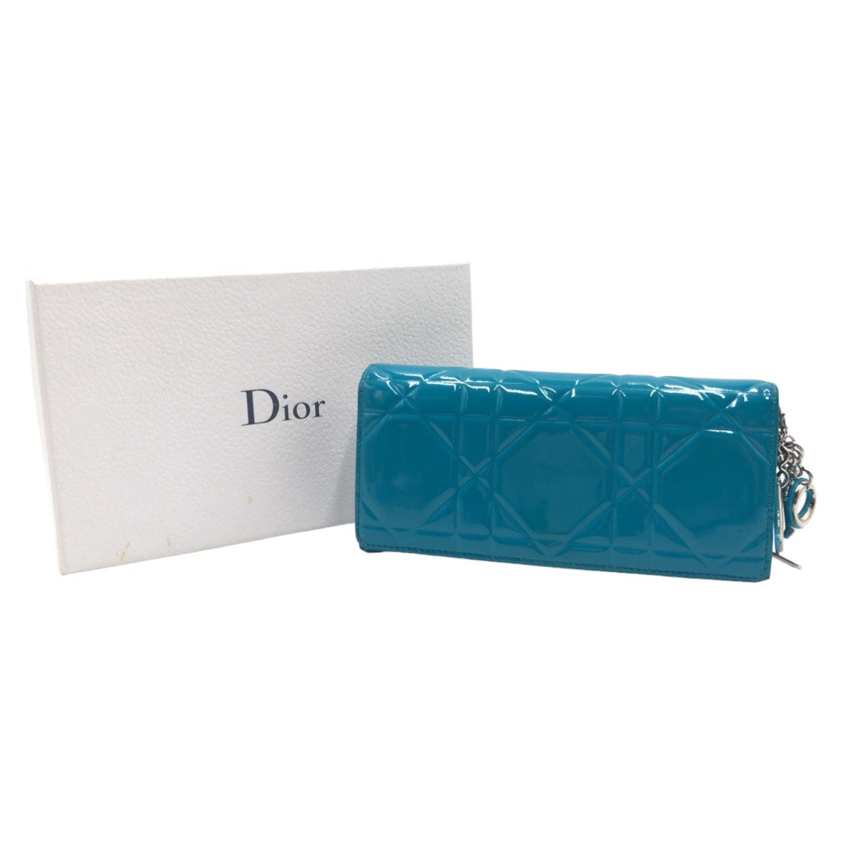 Dior Cannage Logo Charm Patent Leather Long Wallet