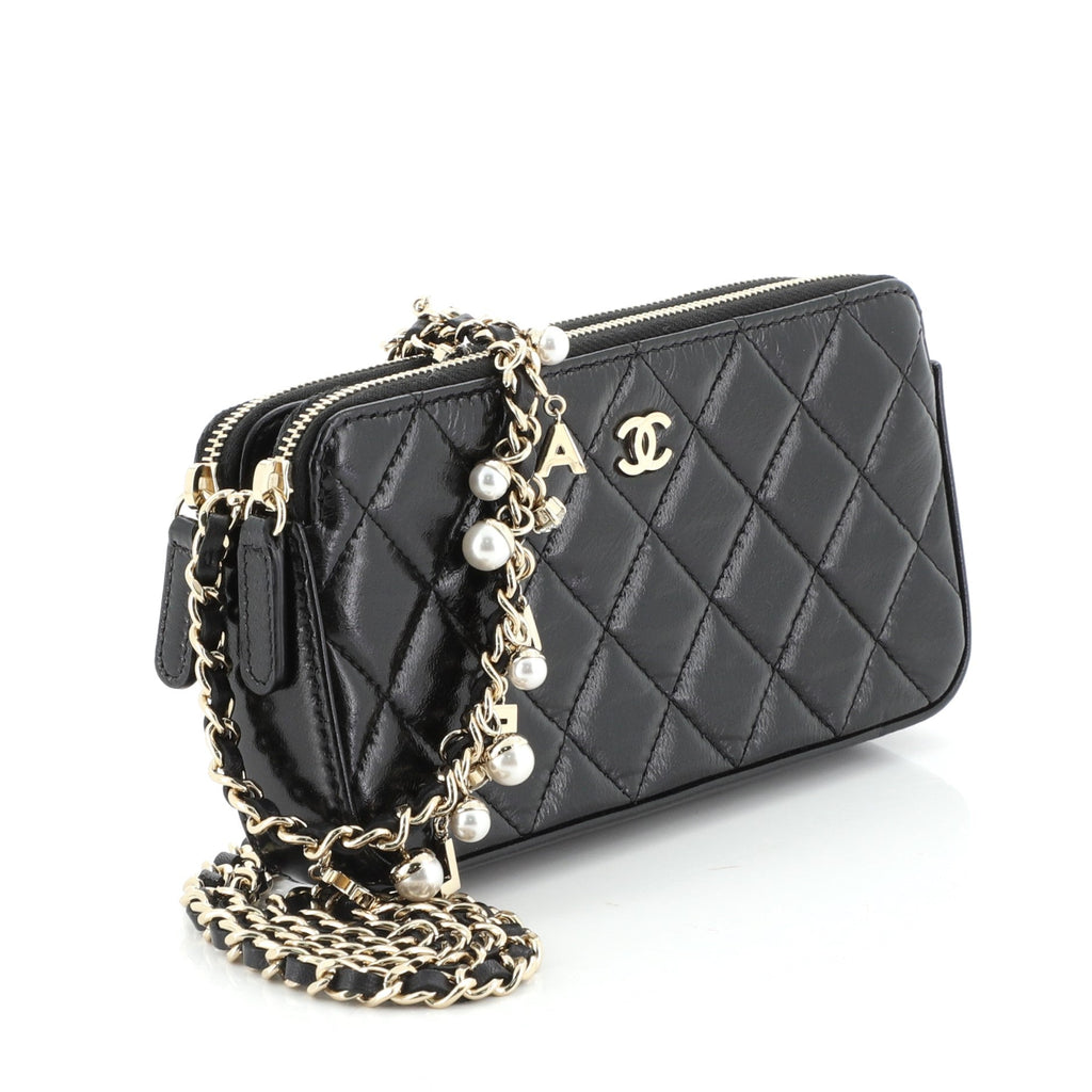 Pearl Charms Double Zip Clutch with Chain Quilted Shiny Lambskin