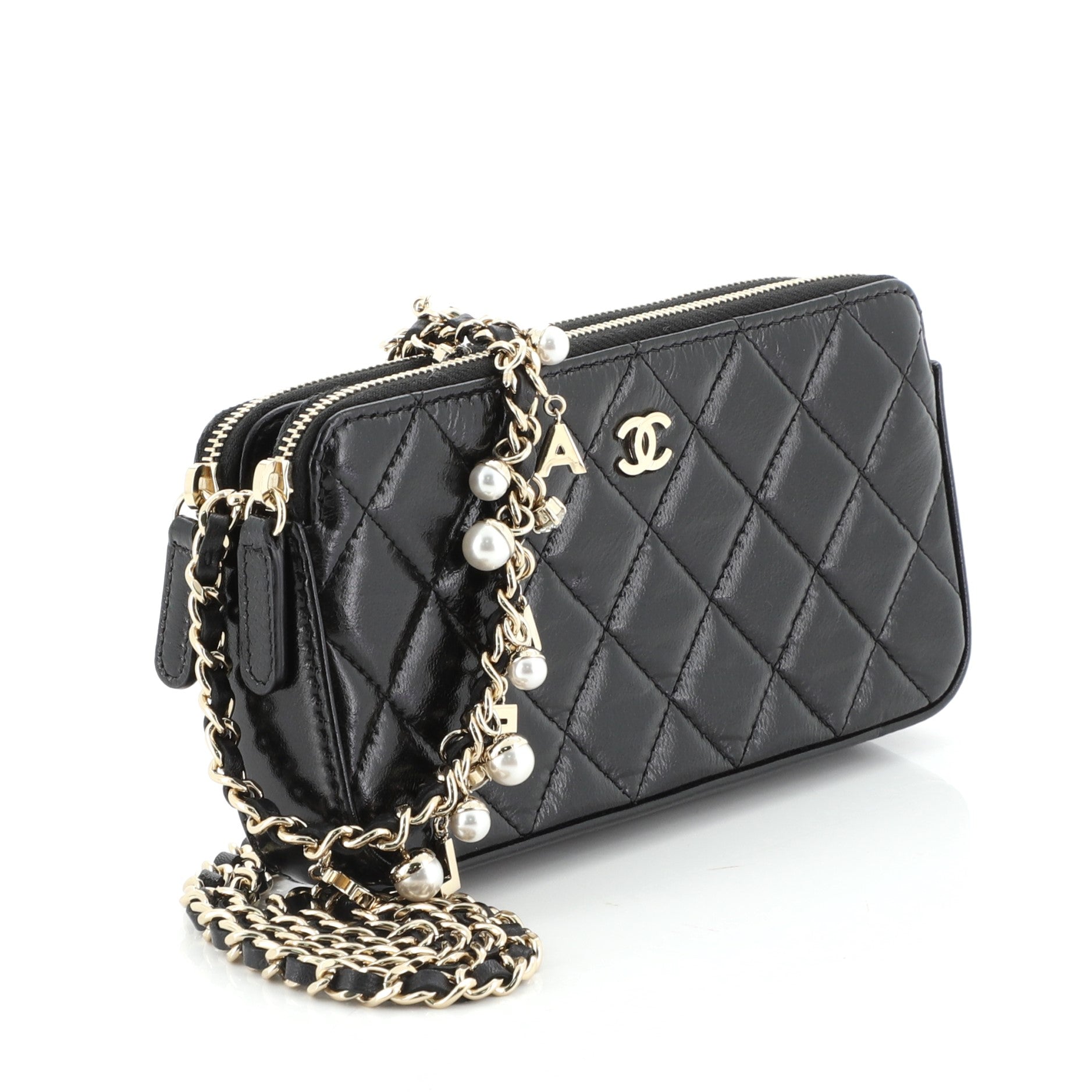 Pearl Charms Double Zip Clutch with Chain Quilted Shiny Lambskin
