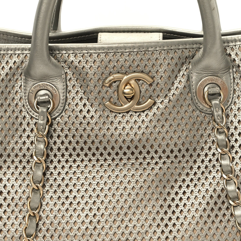 Metallic Calfskin Perforated Up In The Air Tote Silver