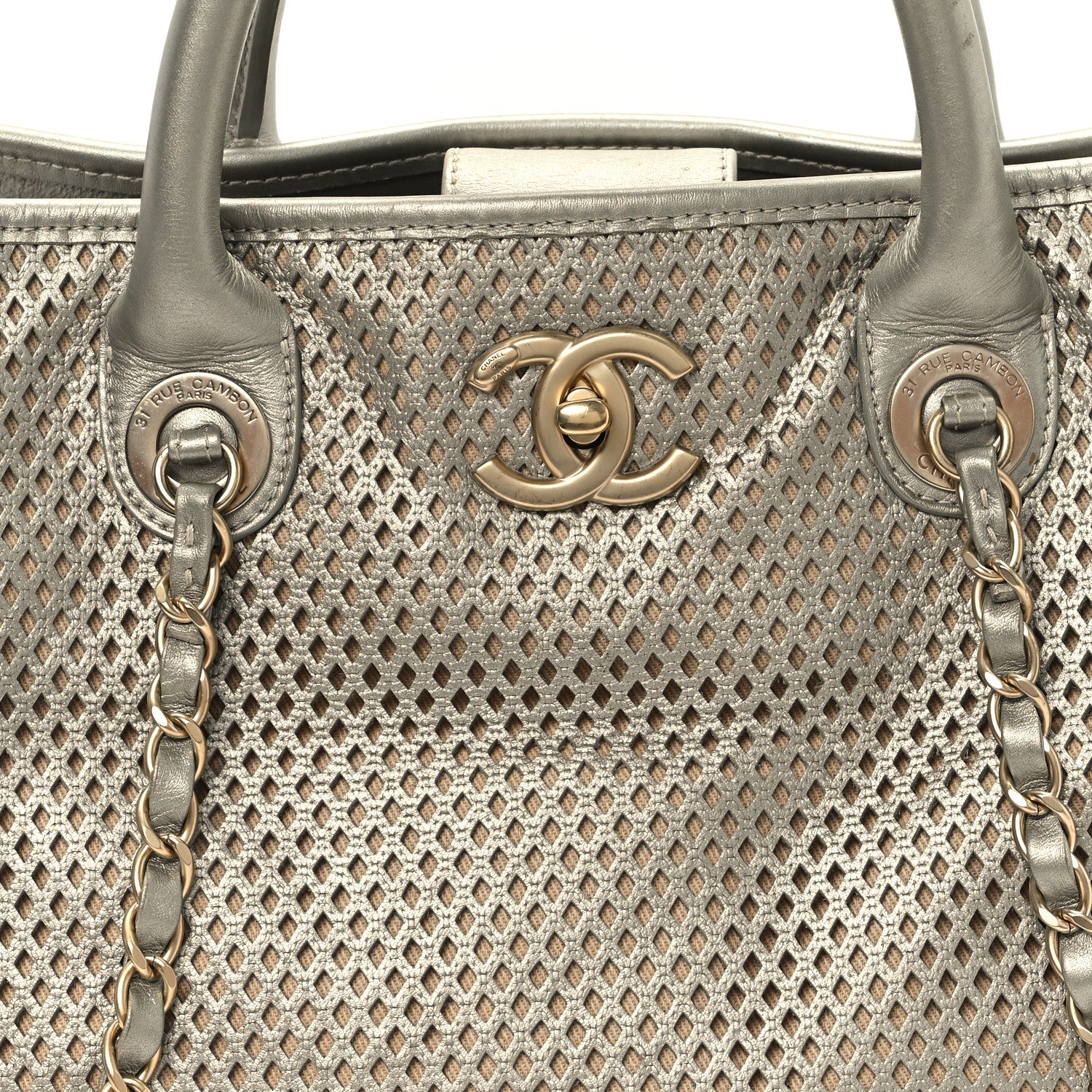 Metallic Calfskin Perforated Up In The Air Tote Silver