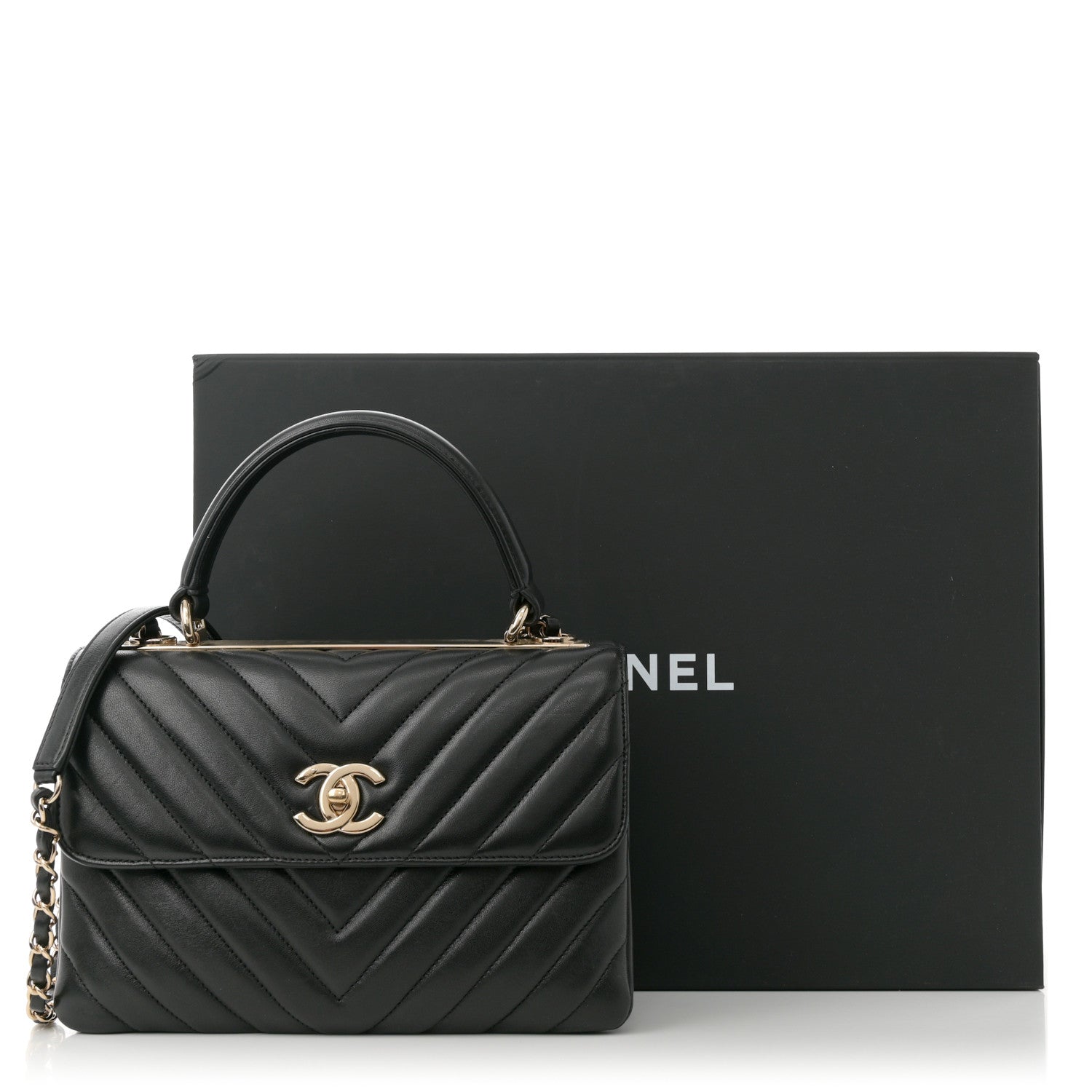 Lambskin Chevron Quilted Small Trendy CC Dual Handle Flap Bag Black