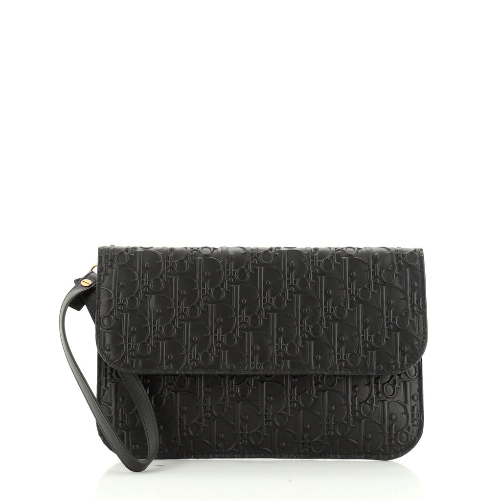 Wristlet Flap Clutch Oblique Embossed Leather