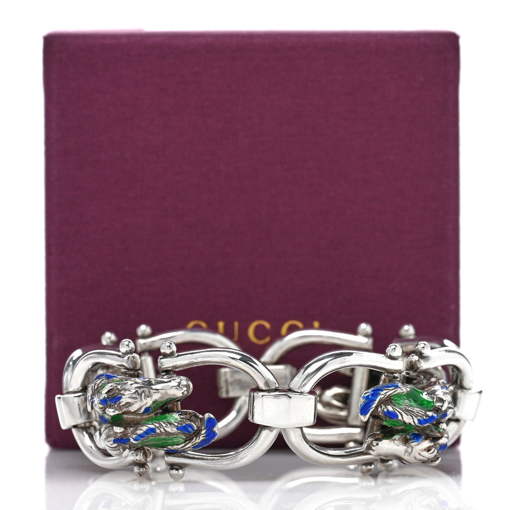 Sterling Silver Enamel Horse Head Link Chain Bracelet Blue Green