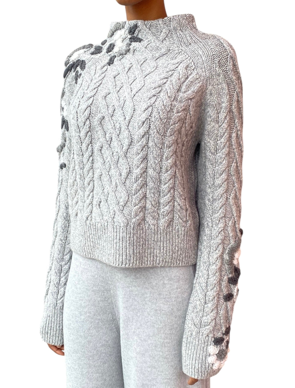Ermanno Scervino Grey Cashmere Cable Floral Knit Sweater - US 6