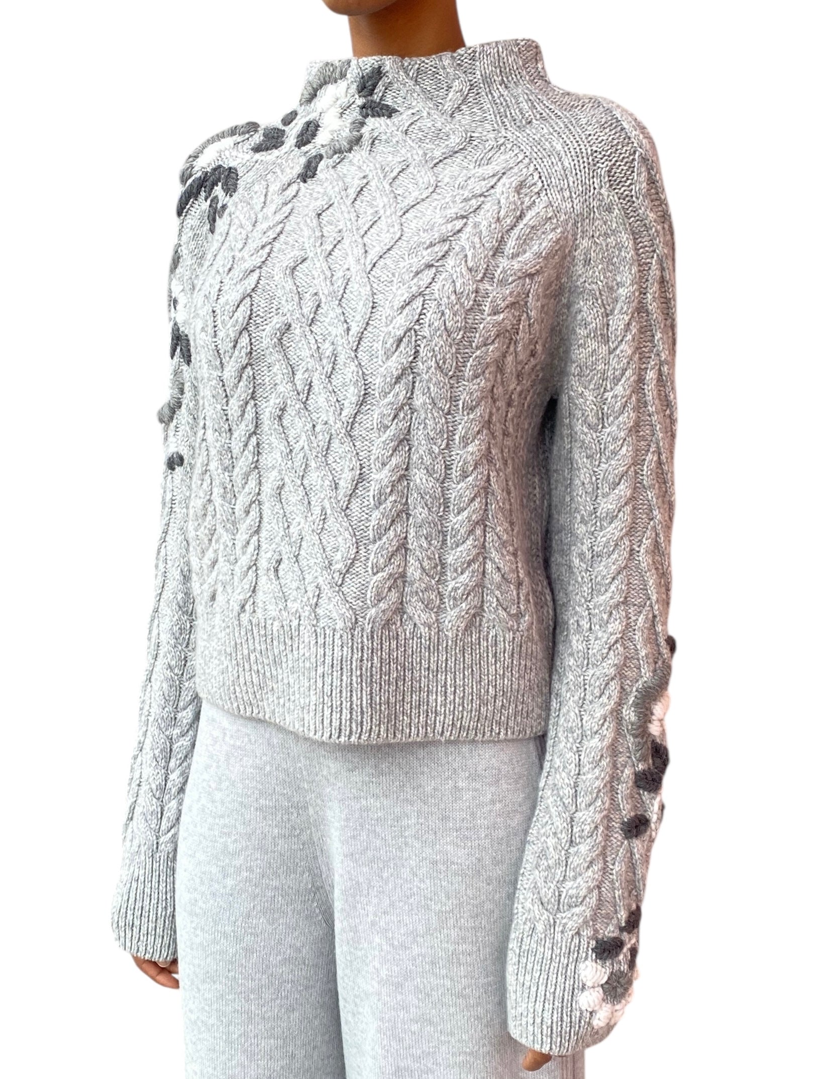 Ermanno Scervino Grey Cashmere Cable Floral Knit Sweater - US 6