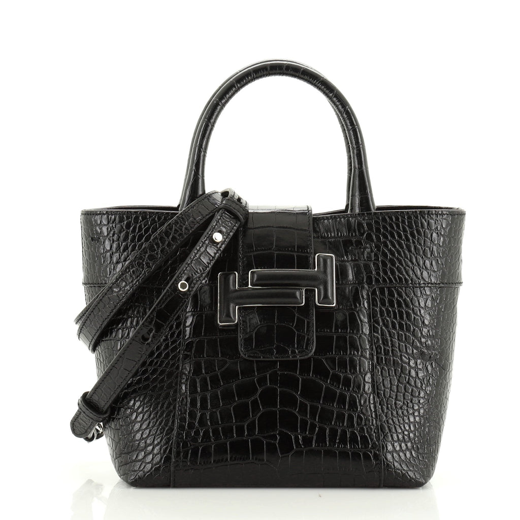 Double T Tote Crocodile Embossed Leather Mini
