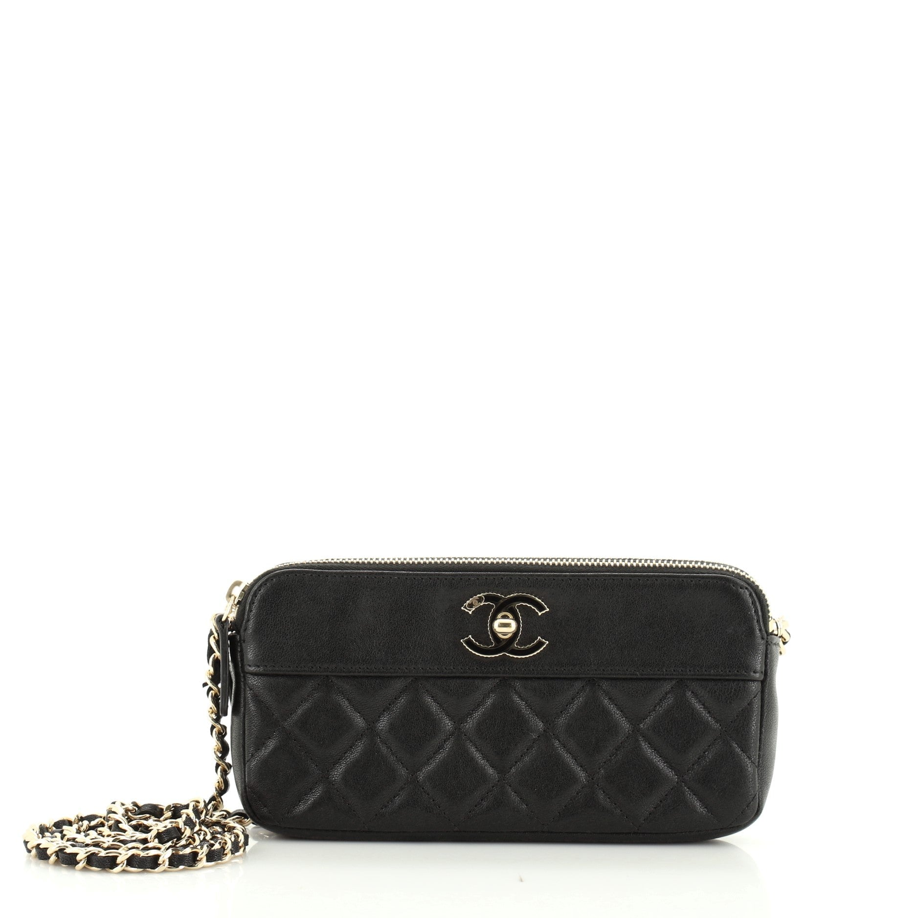 Vintage Mademoiselle Double Zip Clutch With Chain Quilted Sheepskin