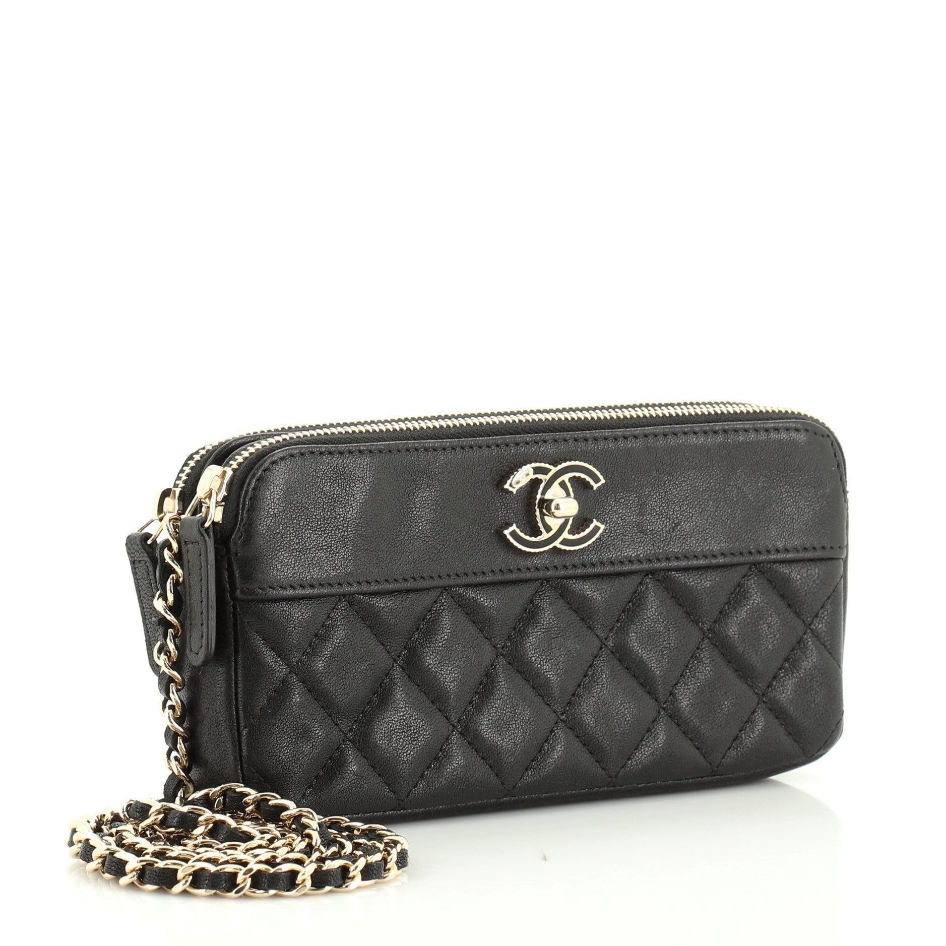 Vintage Mademoiselle Double Zip Clutch With Chain Quilted Sheepskin
