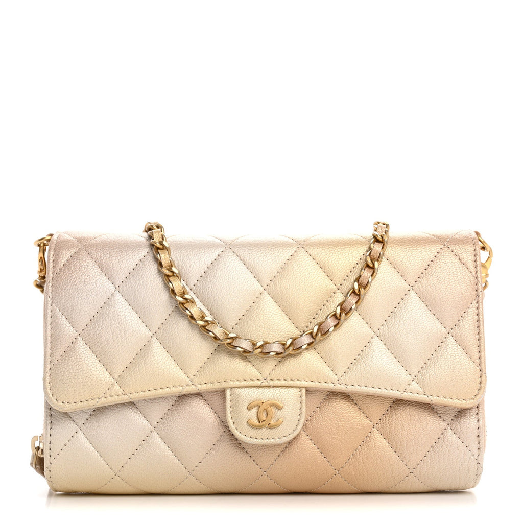 Metallic Goatskin Quilted Phone Holder Wallet on Removable Chain  Gold