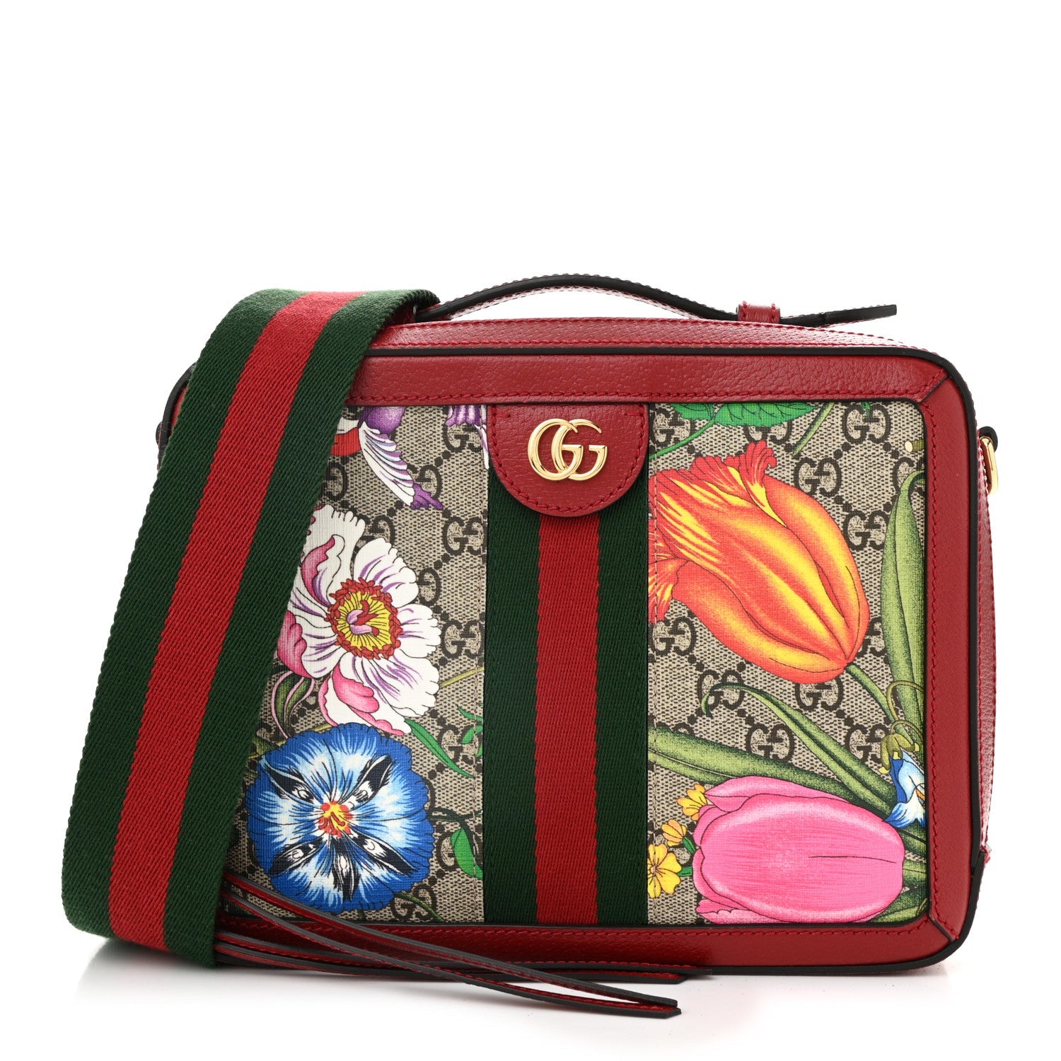 GG Supreme Monogram Flora Web Small Ophidia Top Handle Shoulder Bag Hibiscus Red