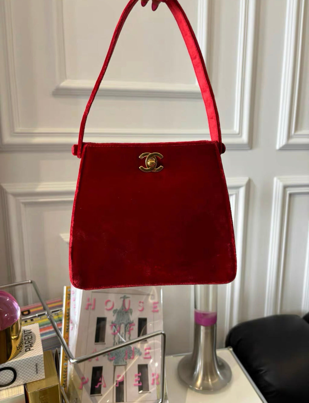 Chanel Rare Vintage Classic Velvet Red Kelly Bag Gold Plated Hardware