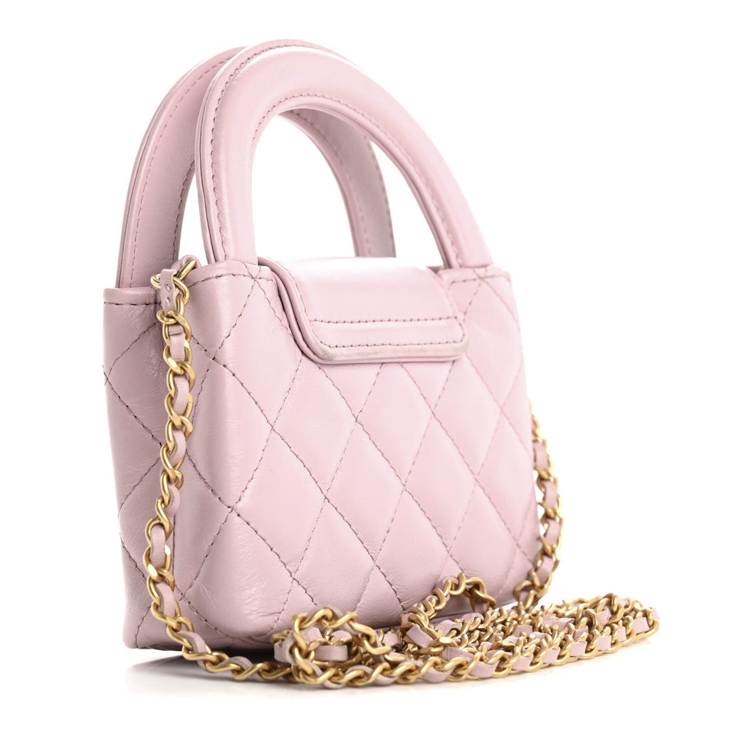 Shiny Aged Calfskin Quilted Mini Nano Kelly Shopper Light Pink
