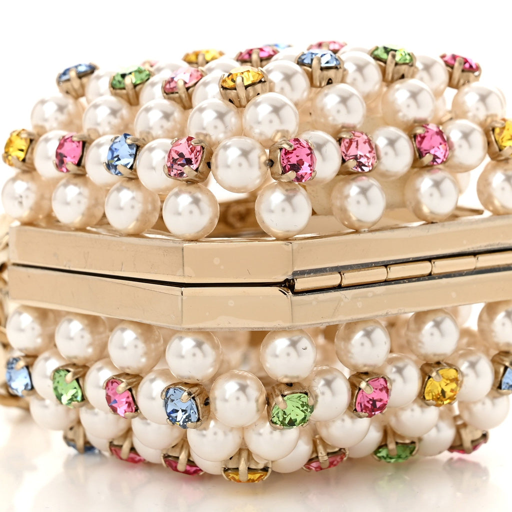 Metal Pearl Minaudiere CC Mini Evening Bag White Gold Multicolor