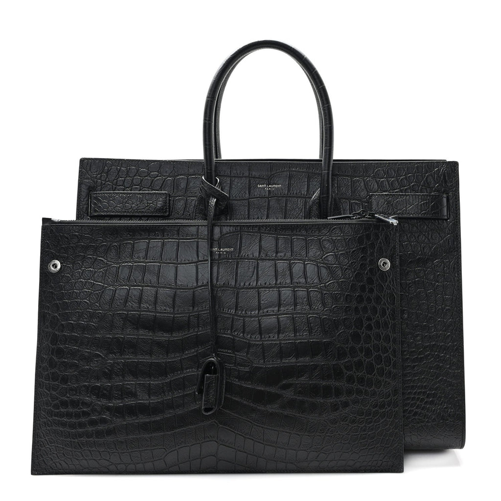 Calfskin Crocodile Embossed Large Sac De Jour Carryall Black