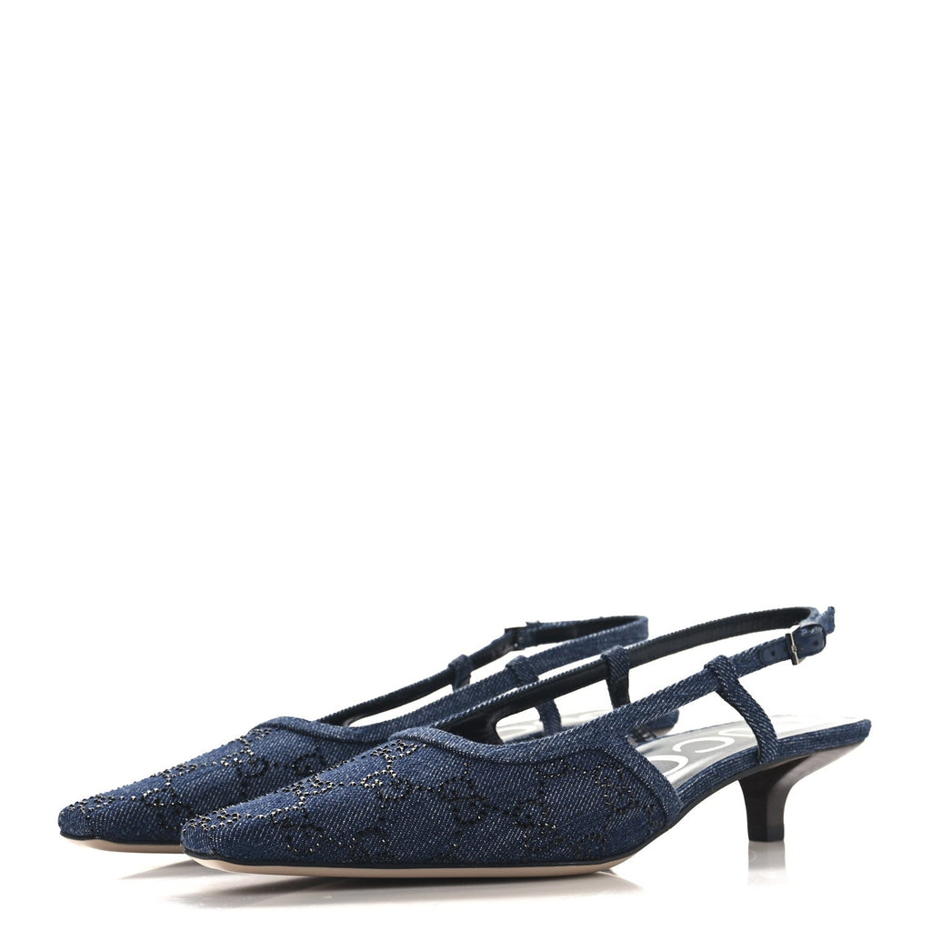 Denim GG Monogram Malaga Kid Crystal Square G 35mm Slingback Pumps 37.5 Blue