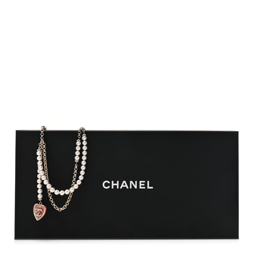 Pearl Crystal CC Heart Multi Strand Necklace Gold