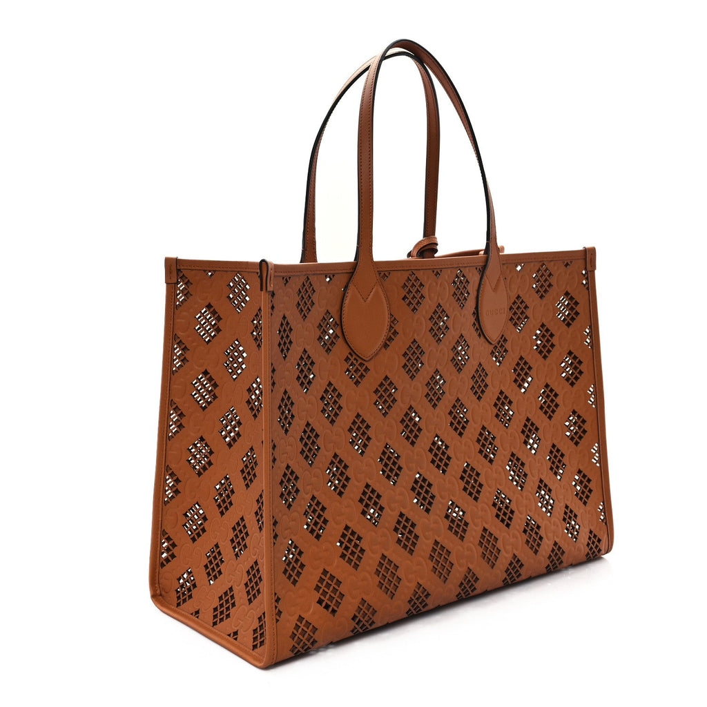 Calfskin GG Monogram Diamond Cut Medium Ophidia Tote Bag Brown