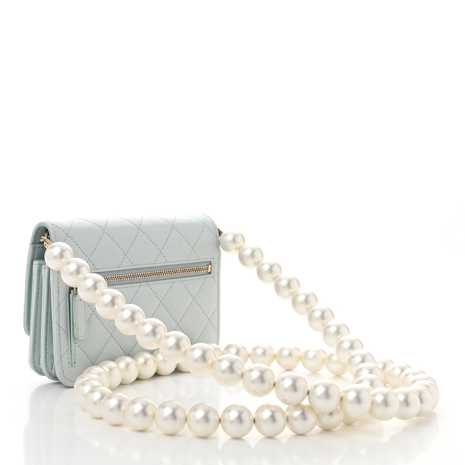 Calfskin Quilted Mini Maxi Pearls Wallet On Chain WOC Light Blue