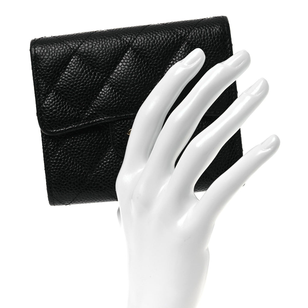 Caviar Quilted Compact Flap Wallet Black