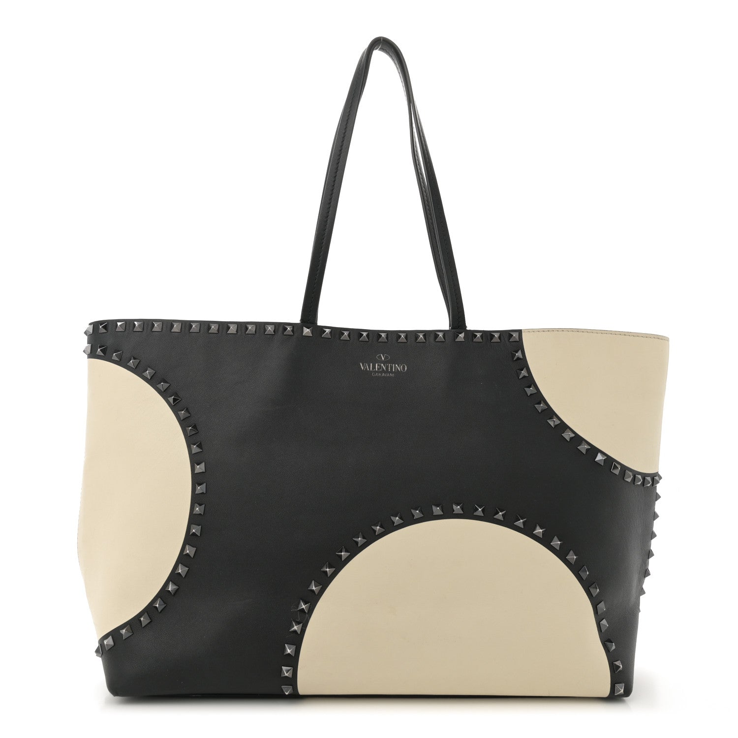 Calfskin Polka Dot Rockstud Shoulder Tote Black Light Ivory