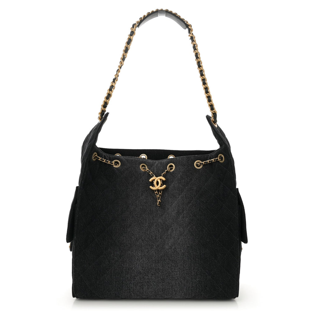 Washed Denim Quilted Medium Chanel 25 Handbag Black