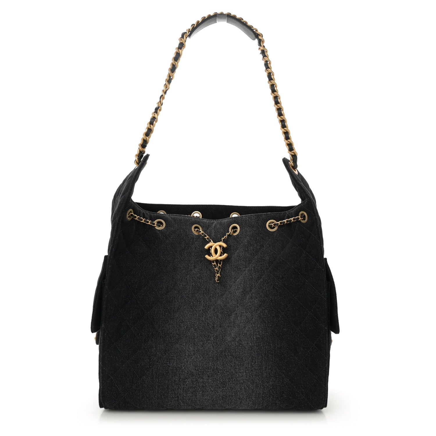 Washed Denim Quilted Medium Chanel 25 Handbag Black