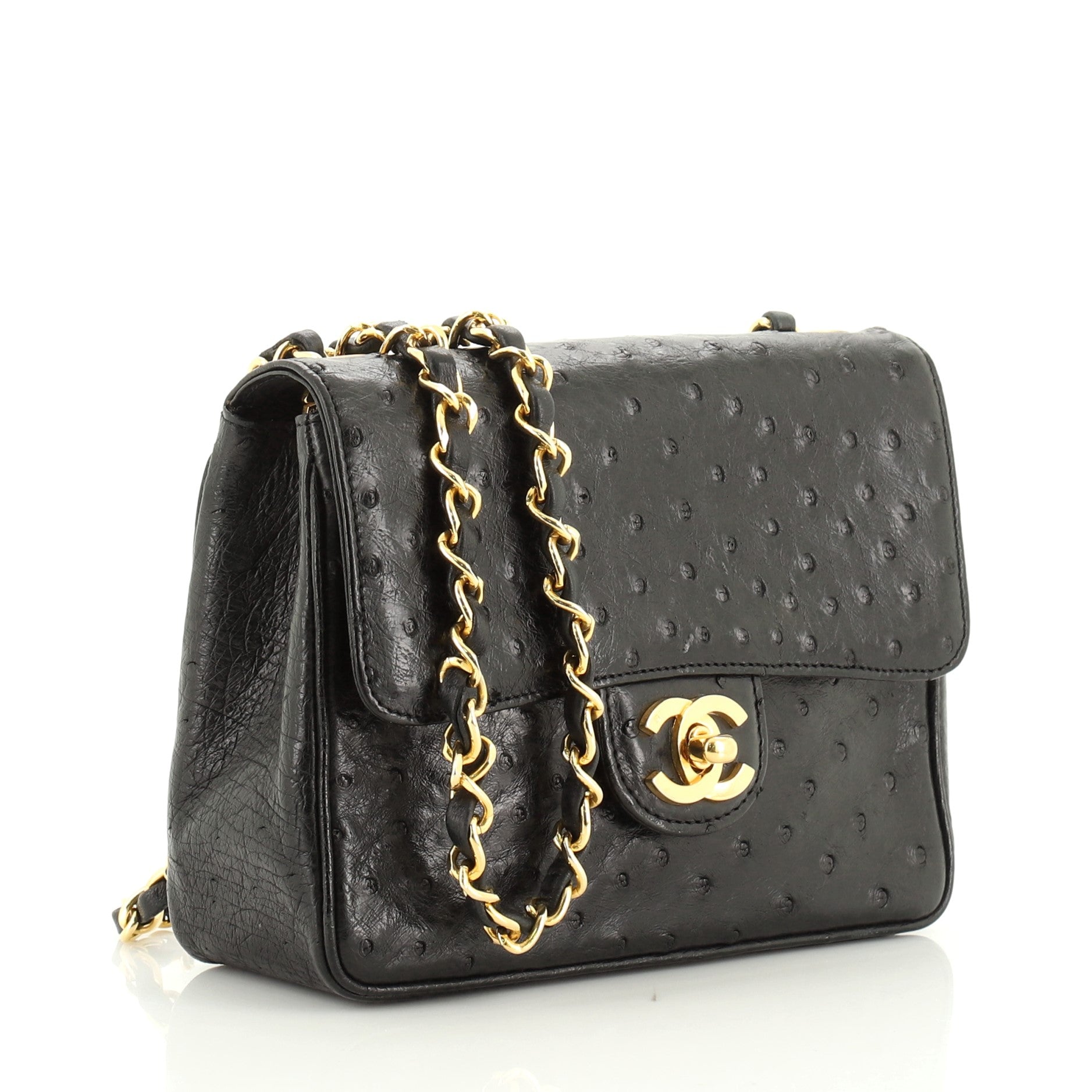 Vintage Square Classic Single Flap Bag Ostrich Mini