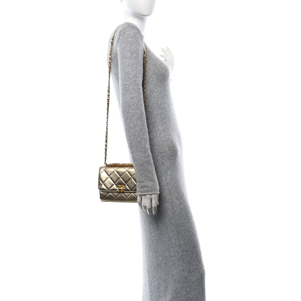 Metallic Lambskin Quilted Mini CC Crystal Logo Chain Flap Gold