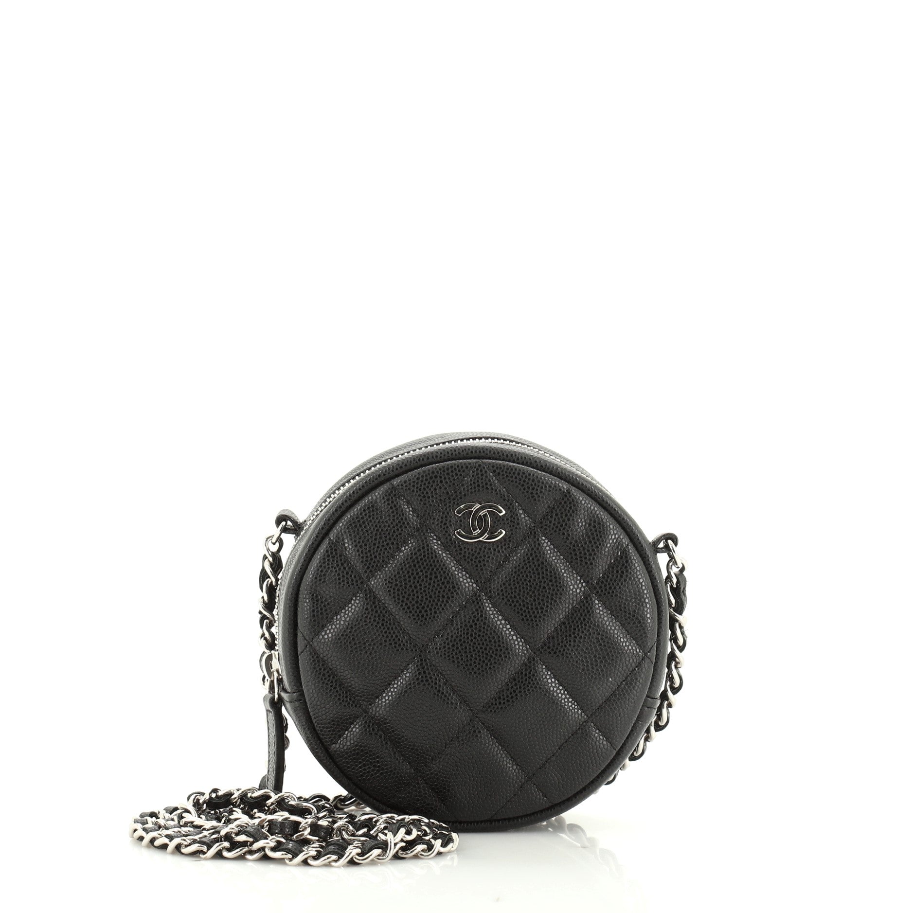 Round Clutch with Chain Quilted Caviar Mini