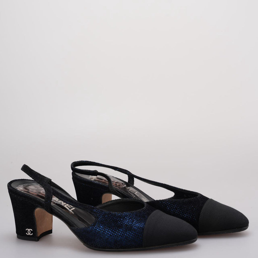 Chanel CC Logo Black / Blue Leather Slingback Pumps Size 38.5