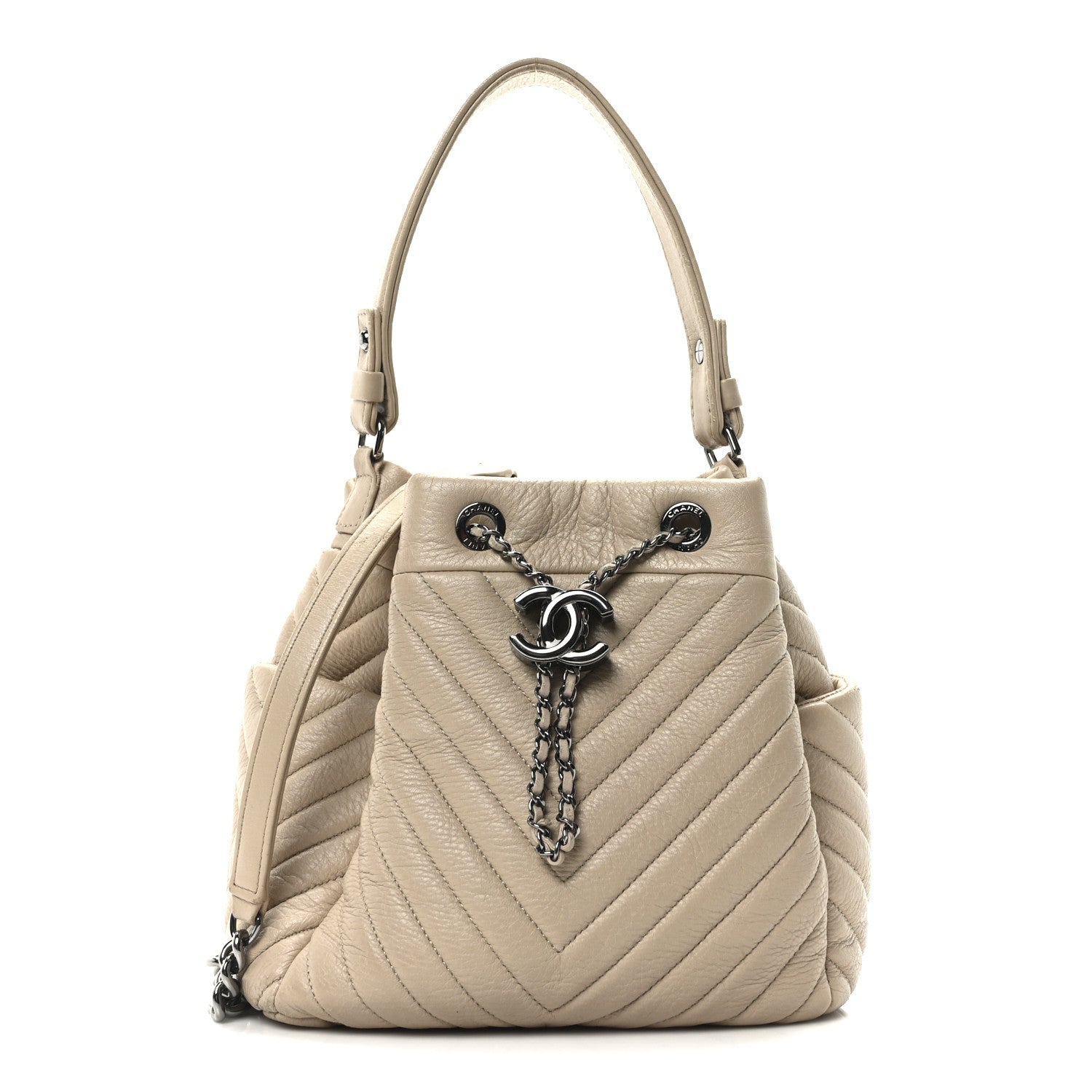 Deerskin Chevron Small CC Chain Bucket Bag Beige