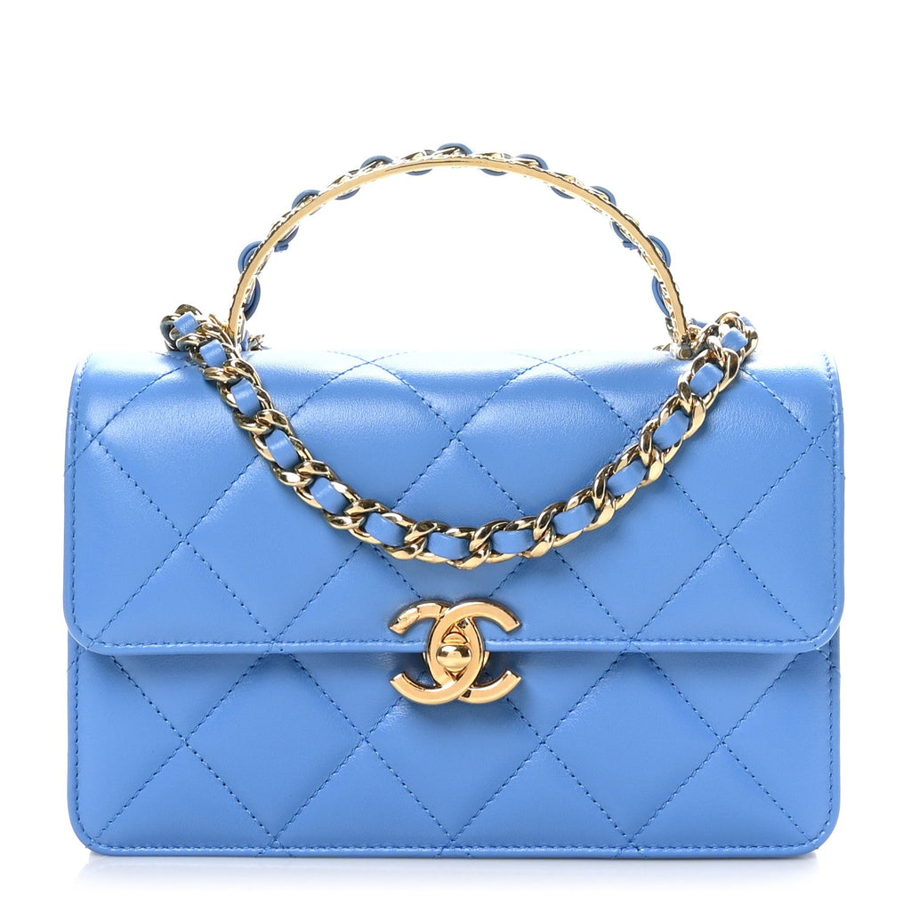 Lambskin Quilted Chain Logo Top Handle Flap Blue