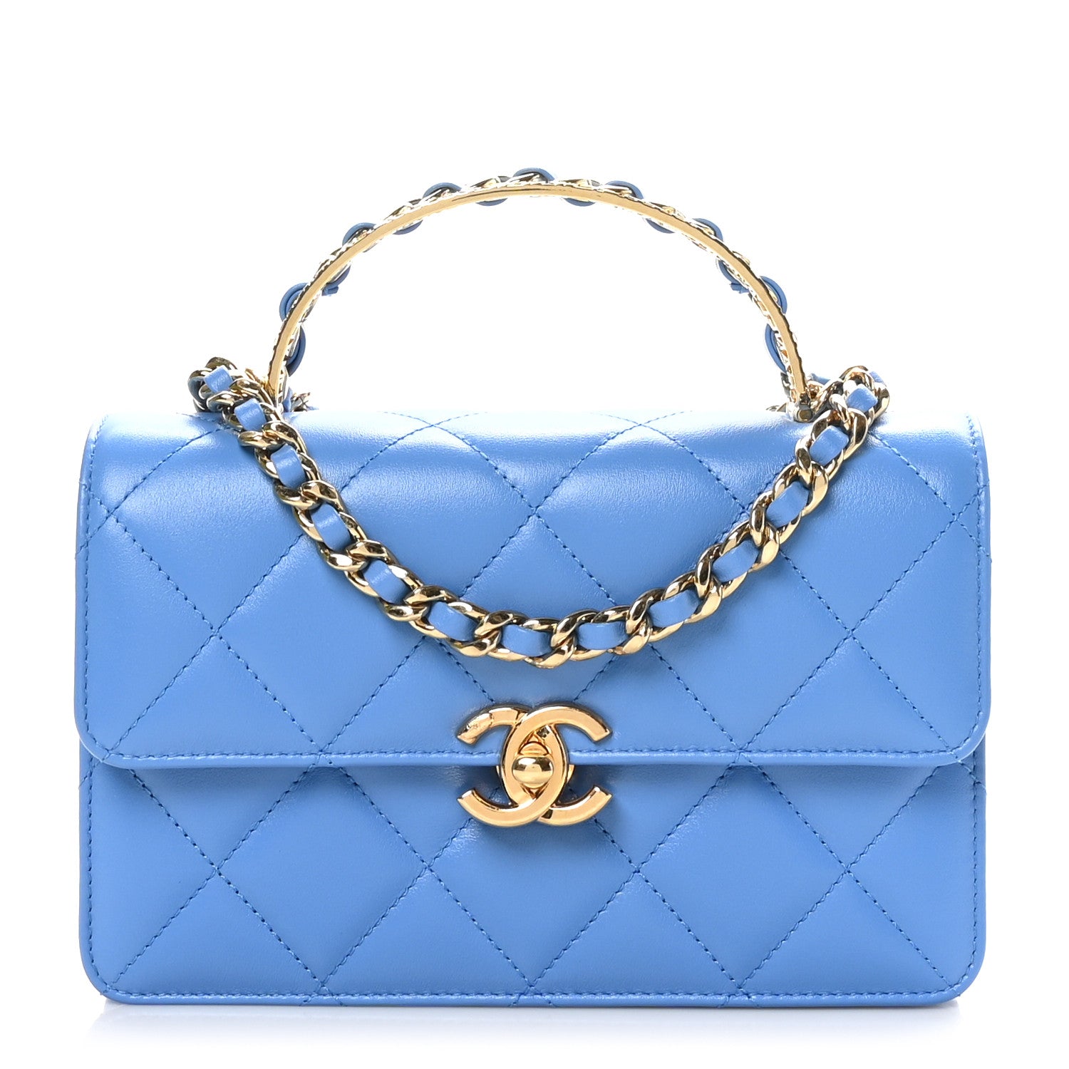 Lambskin Quilted Chain Logo Top Handle Flap Blue