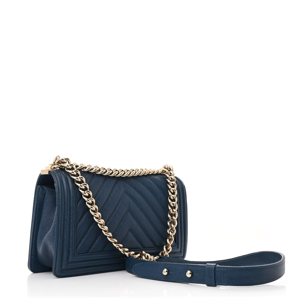 Iridescent Caviar Chevron Quilted Medium Boy Flap Blue
