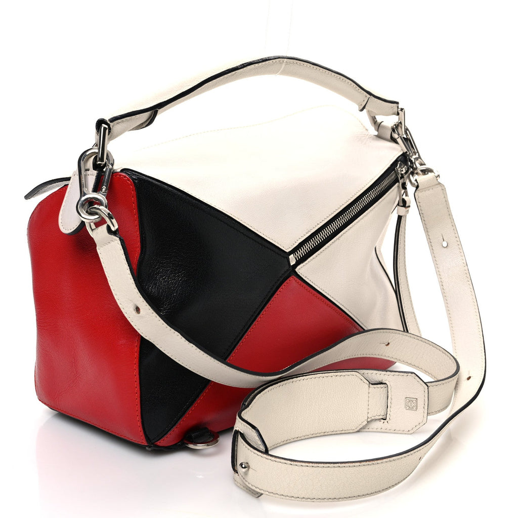 Calfskin Colorblock Medium Puzzle Bag White Red Black