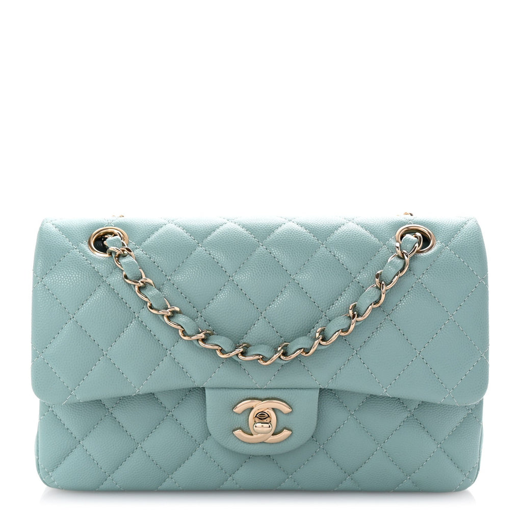 Caviar Quilted Small Double Flap Light Blue