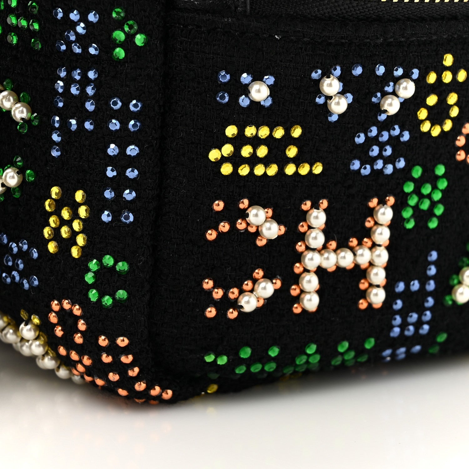 Tweed Pearl Studded Vanity Wrist Case With Chain Black Multicolor