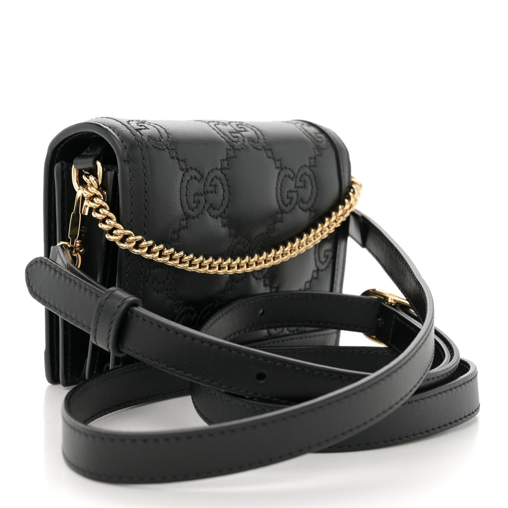 Nylon Calfskin Enamel GG Matelasse Mini Chain Bag Black