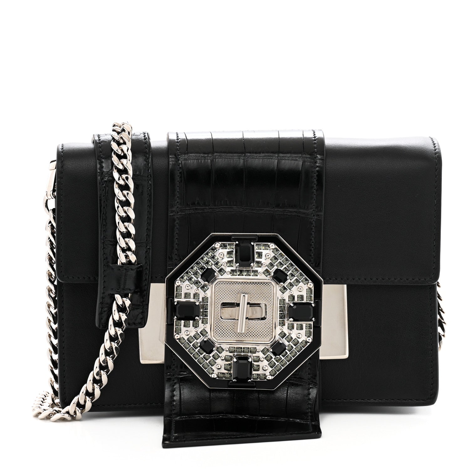 City Calf Cocco Crystal Embellished Ribbon Bag Black