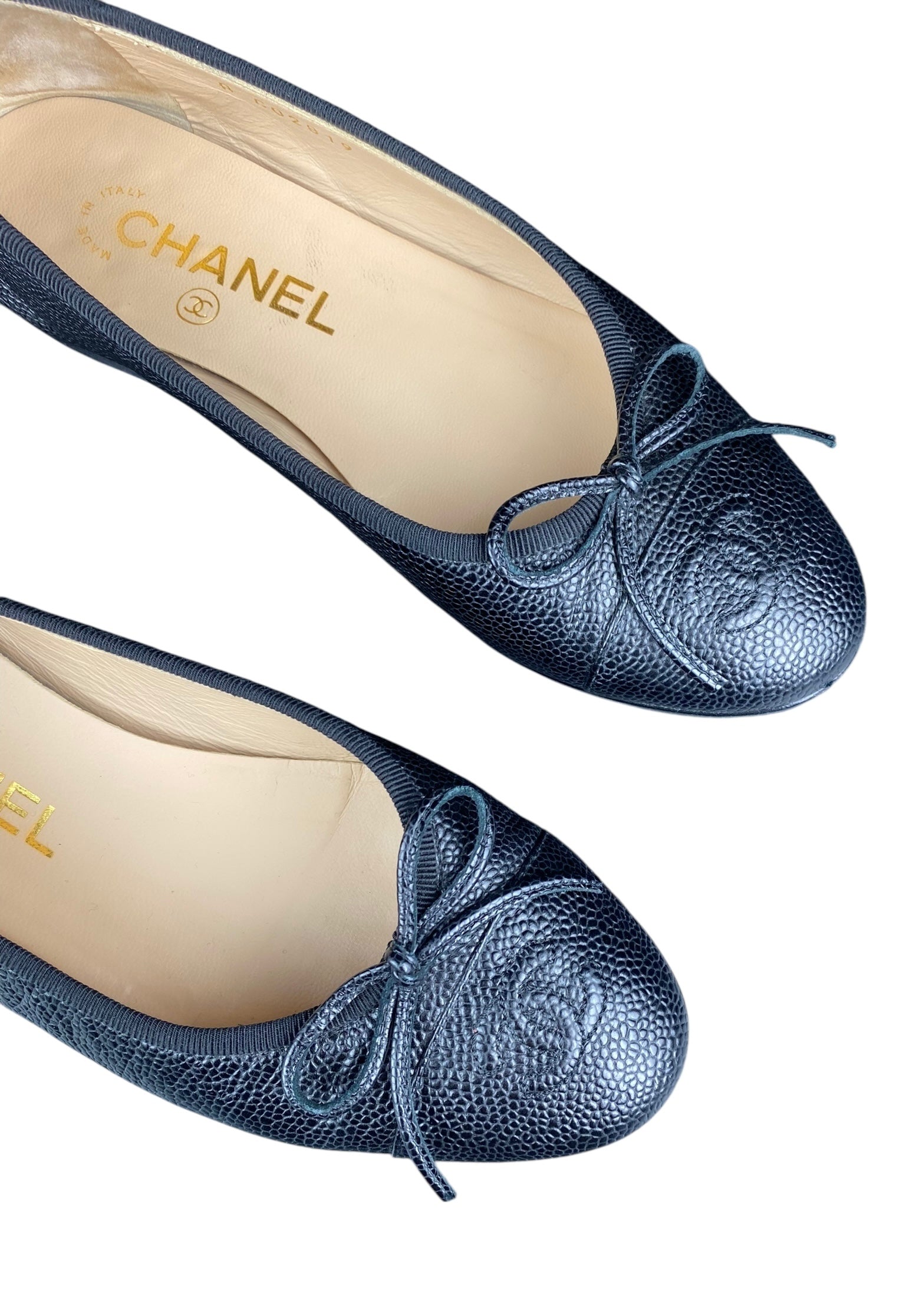 Chanel Black Leather Interlocking CC Bow Logo Flats - 35