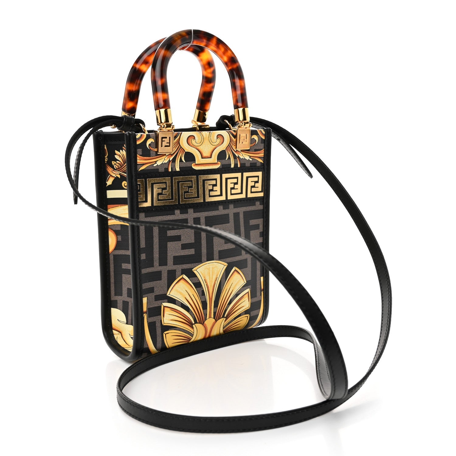X VERSACE Vitello King Catalan Mirror Plexiglass Fendace FF Baroque Logo Mini Fendi Sunshine Shopper Tote Black Gold
