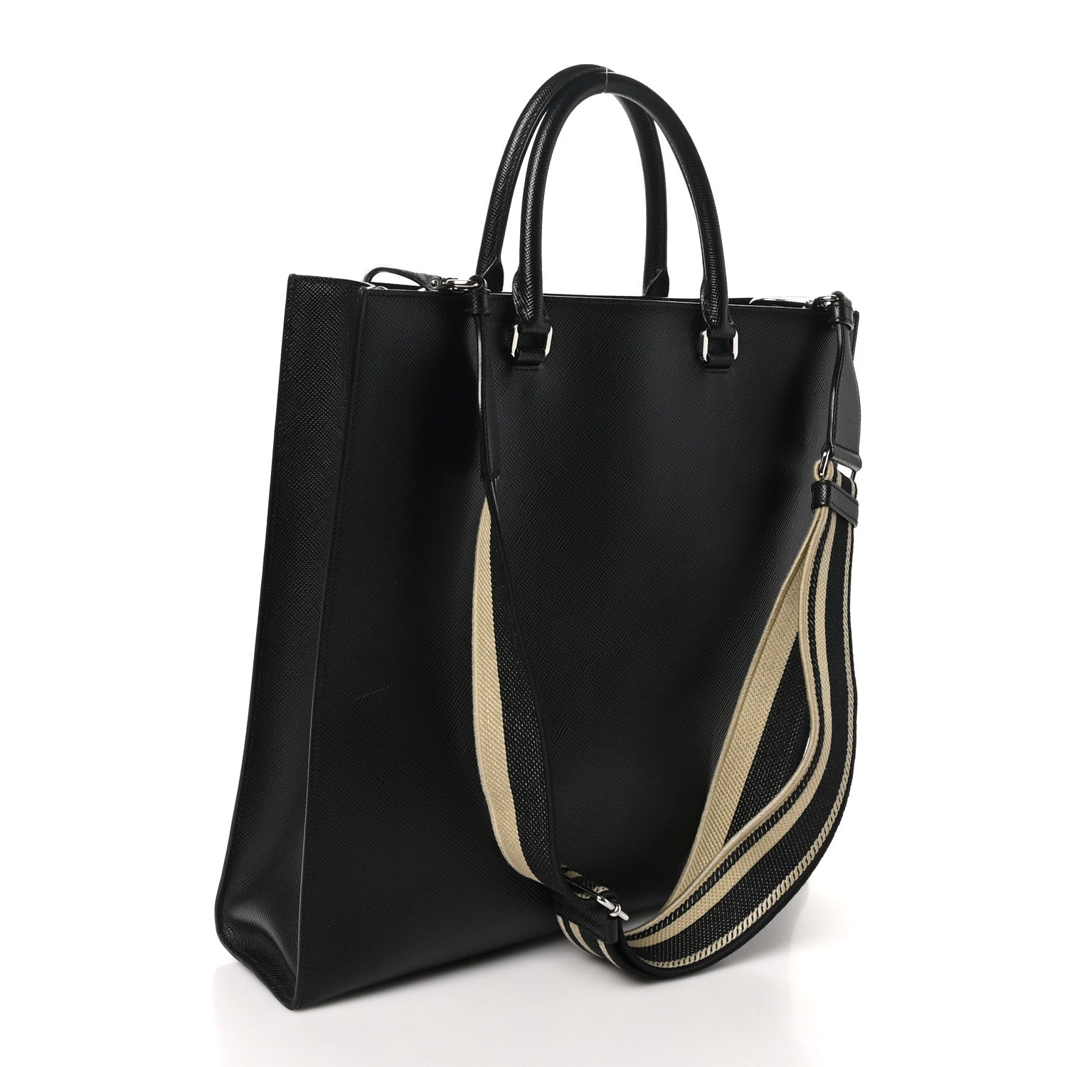 Saffiano Cuir Triangle Logo Embossed Vertical Tote Black