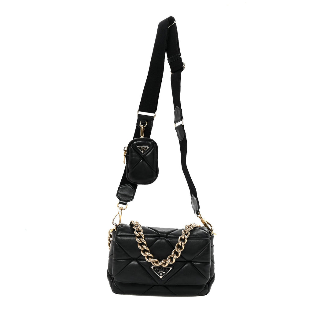 Nappa Re-Nylon Triangle Quilted Patchwork System Flap Shoulder Bag Black