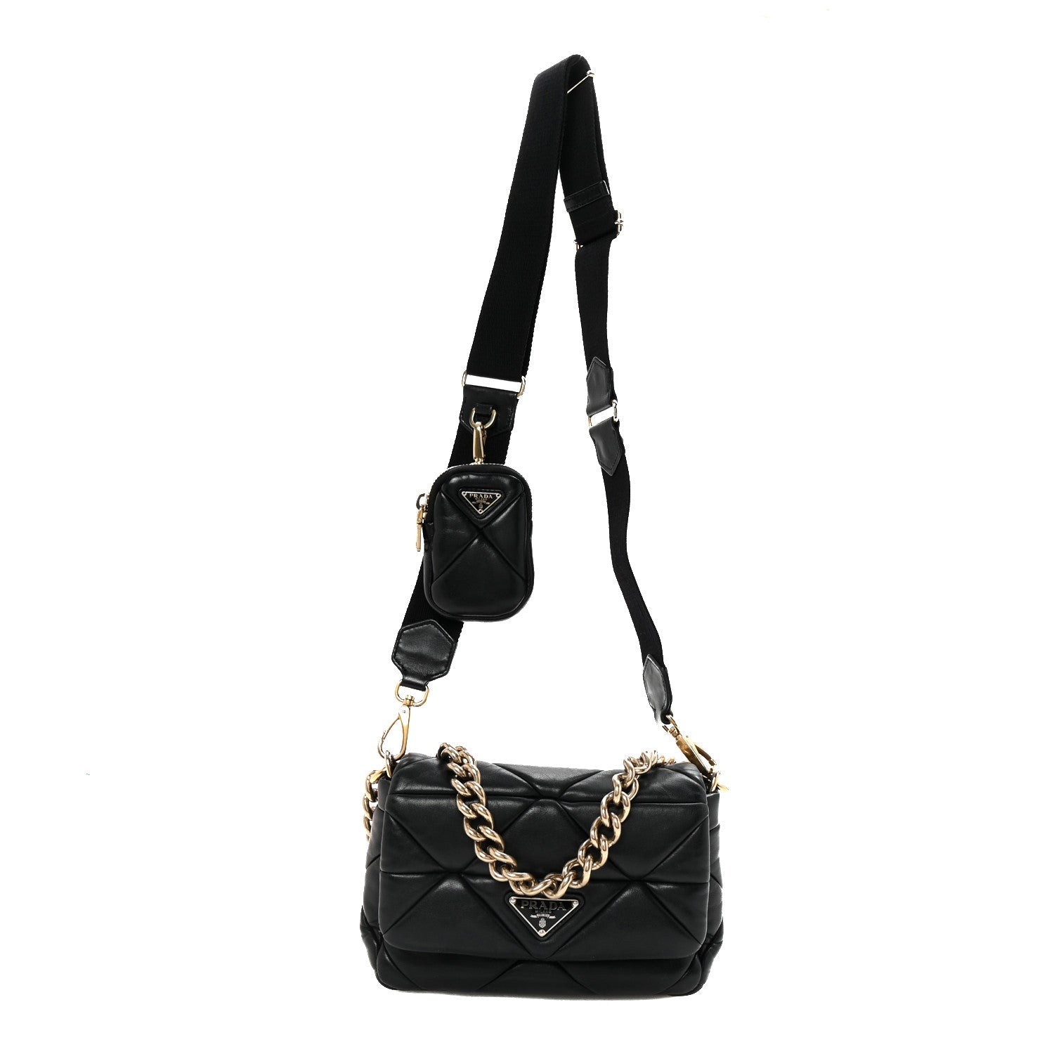 Nappa Re-Nylon Triangle Quilted Patchwork System Flap Shoulder Bag Black