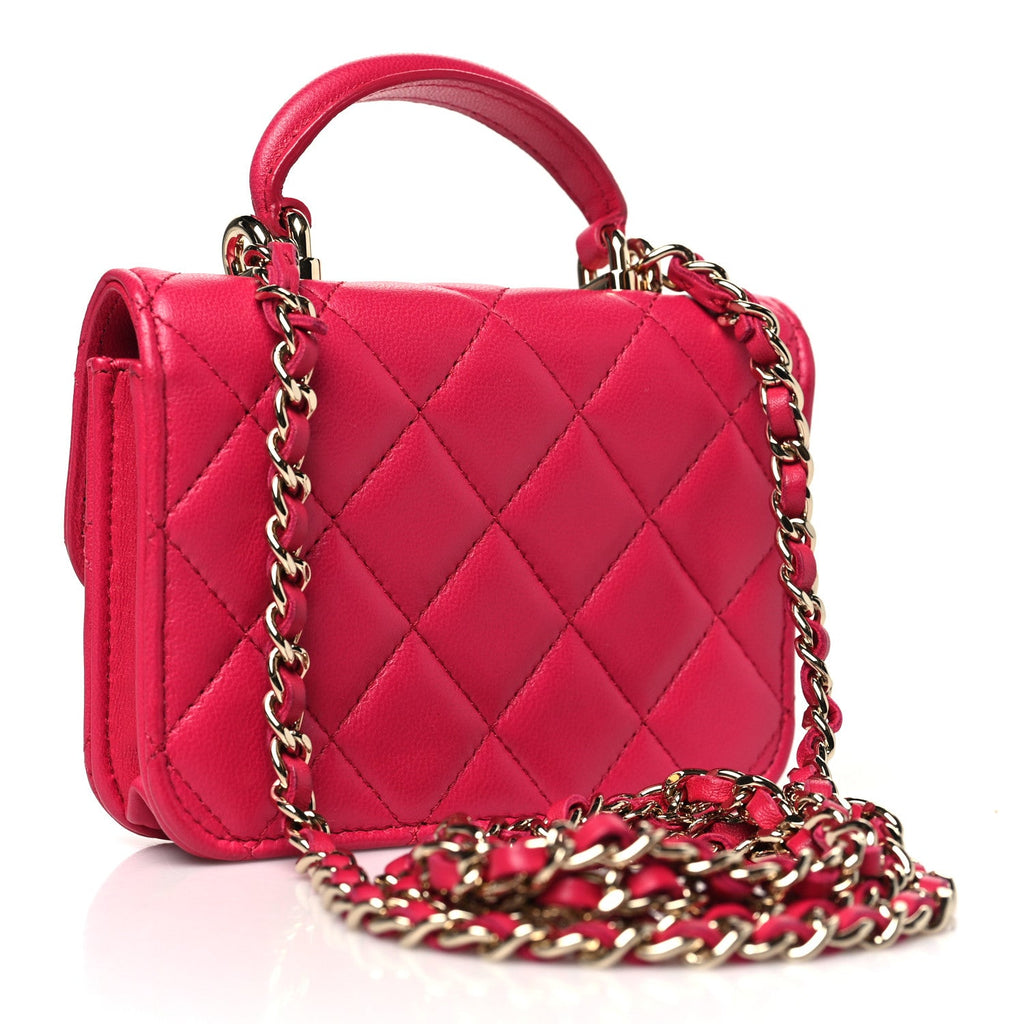Lambskin Quilted Top Handle Flap Coin Purse With Chain Dark Pink