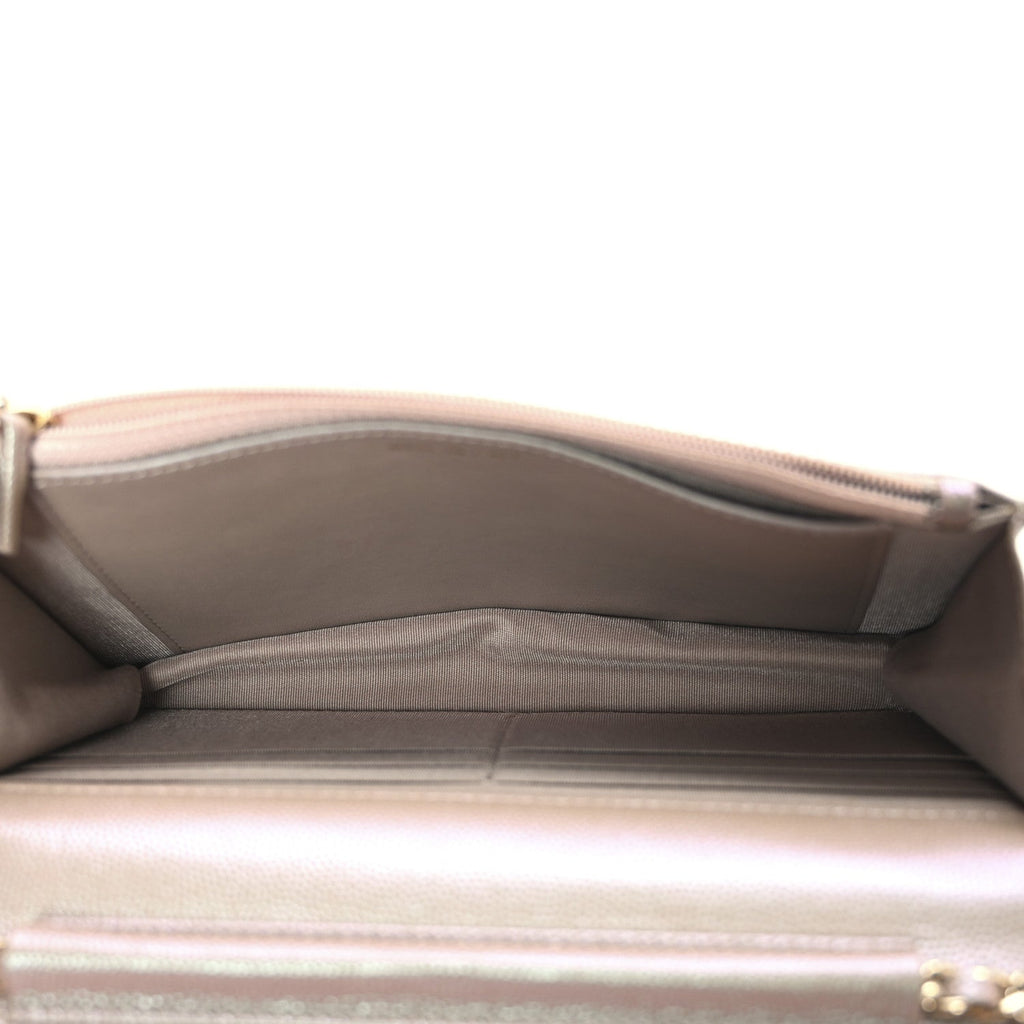 Iridescent Caviar Quilted Wallet on Chain WOC Beige